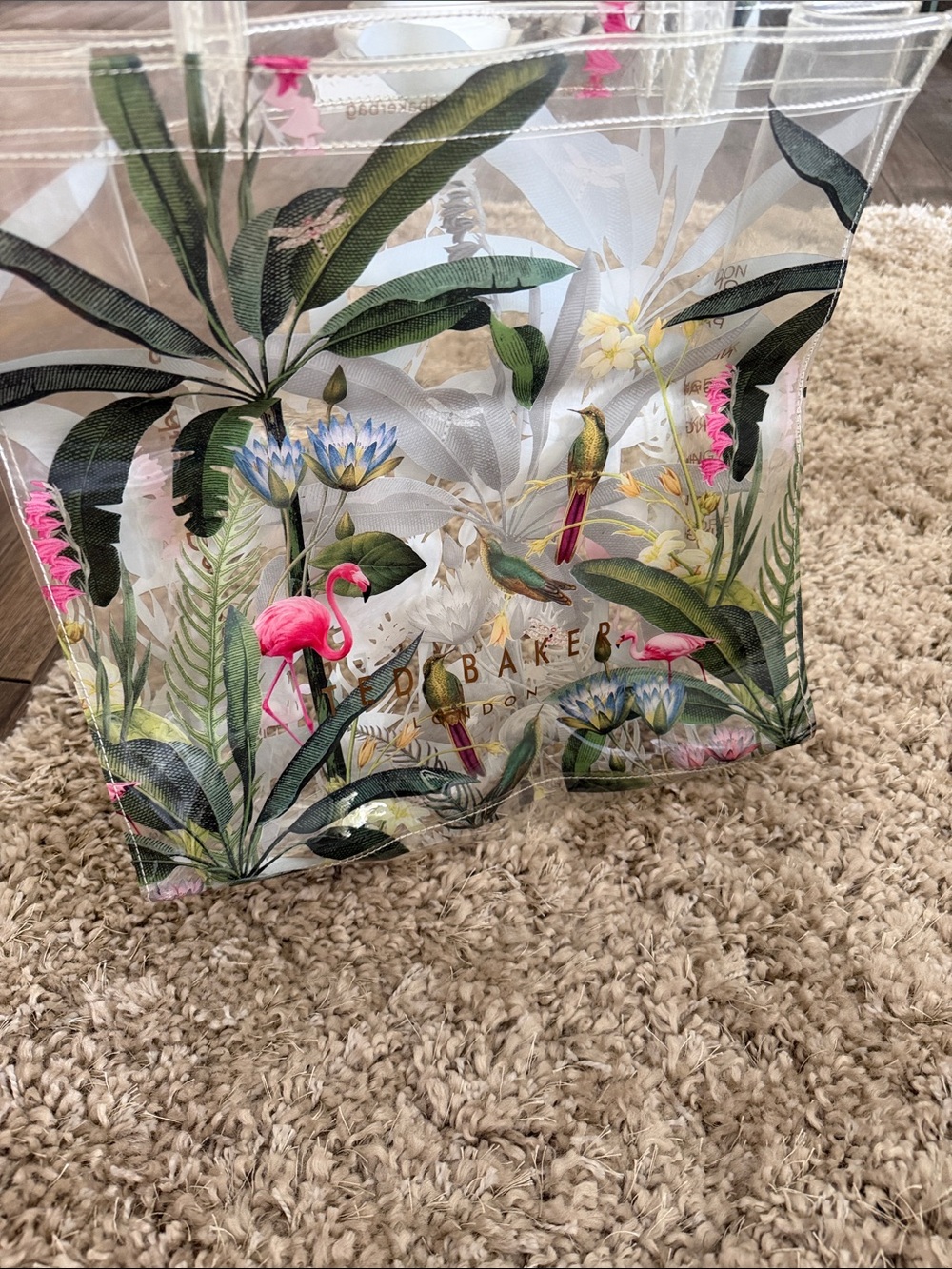 Ted Baker Clear Tote with Pink Flamingos and Green Foliage - Picture 1 of 3